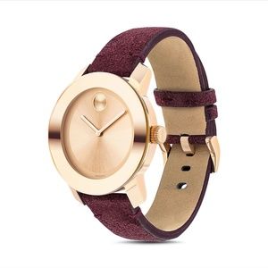 Rose Gold Movado Watch: Bold Iconic Suede Strap Watch, 36mm In Burgundy